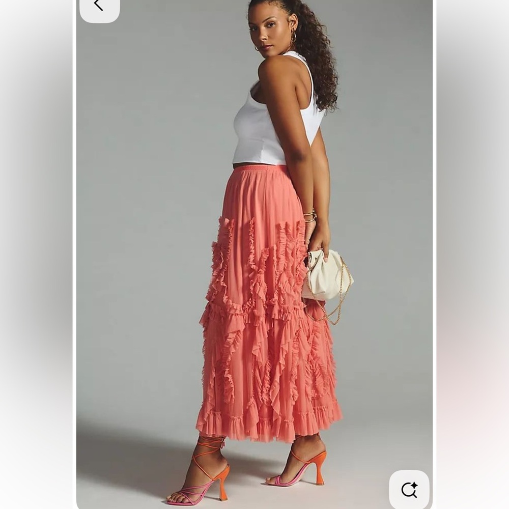 Anthro ruffle tulle & mesh midi skirt, gorgeous coral color, elastic waist, NWOT